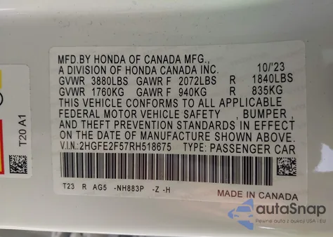 2024 Honda Civic Sport из США, поврежденный, VIN 2HGFE2F57RH518675